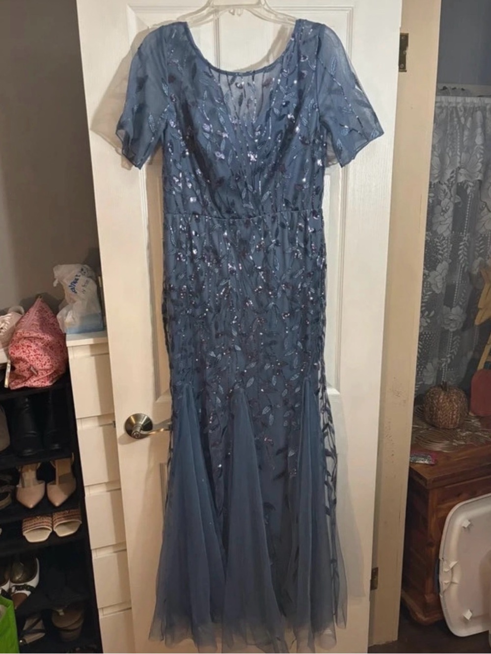 Embroidered Dusty Blue Tulle Maxi Dress